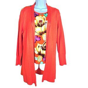 Chicos Cardigan Twin Set Med Orange Coral Floral Sweater & Tank Shell Open Front